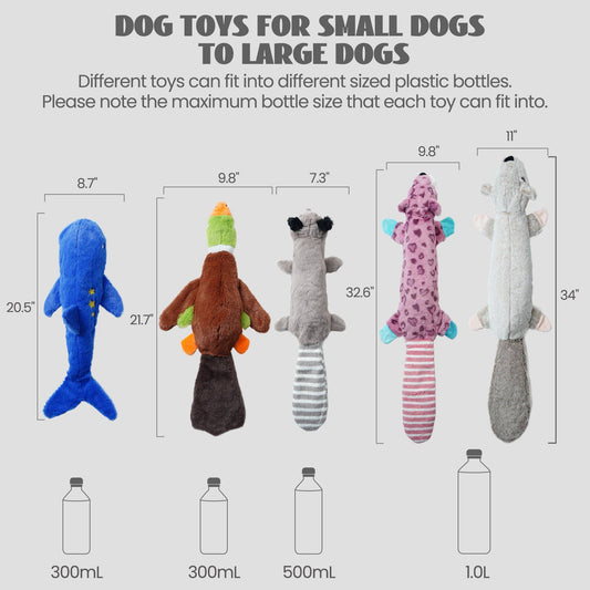 Nocciola 2 - in - 1 No Stuffing Water Bottle Dog Toys for Aggressive chewers, 2 Extra Long & 3 Regular Size - Happy Hounds Pet Supply