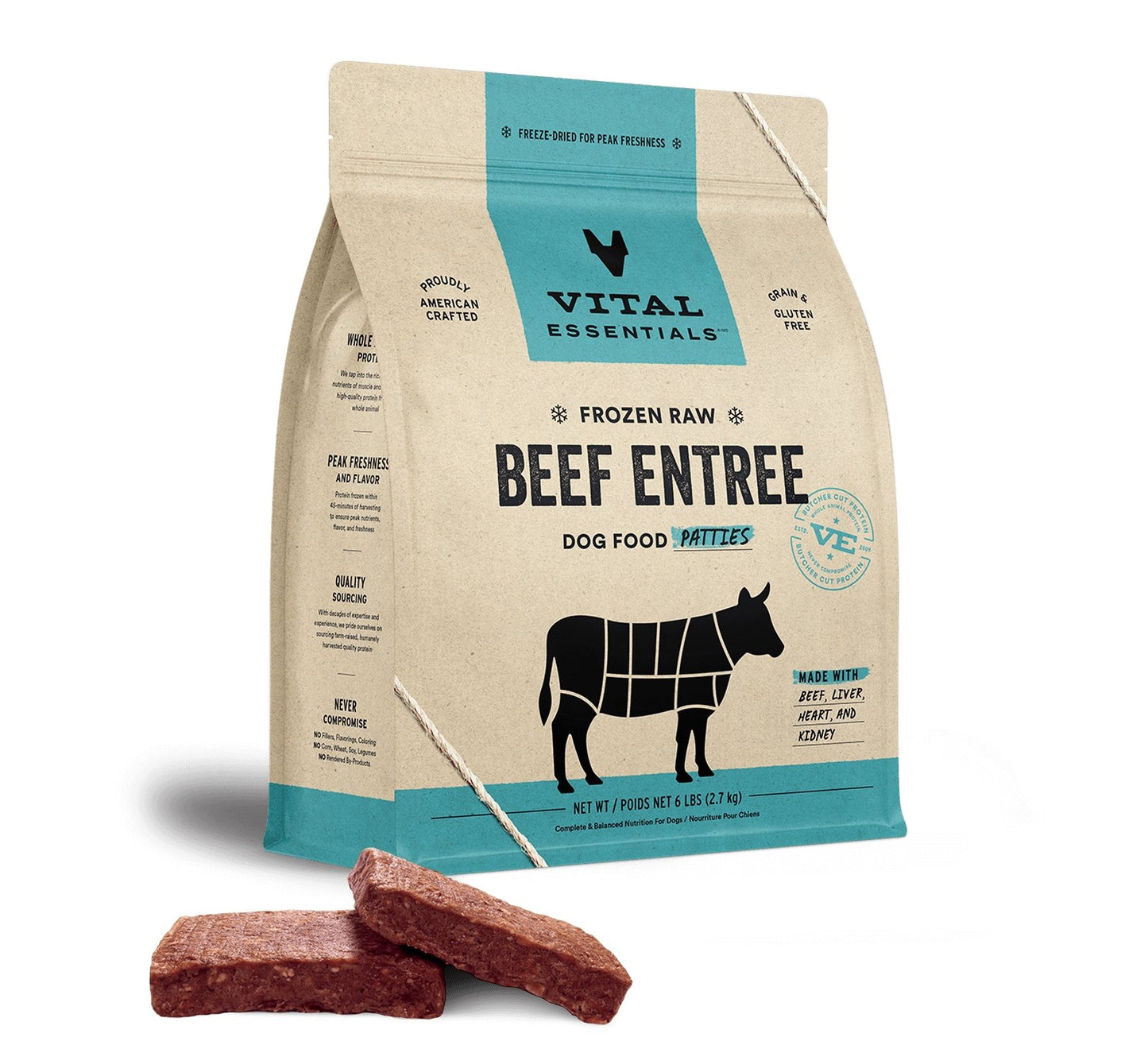 Vital Essentials Raw Frozen Prey Diet Dog Food 6lbs Beef