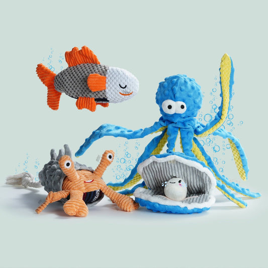 Nocciola Crinkle Squeaky Ocean Series Dog Toys | Octopus, Shark, Hermit Crab, Sea Shell - Happy Hounds Pet Supply