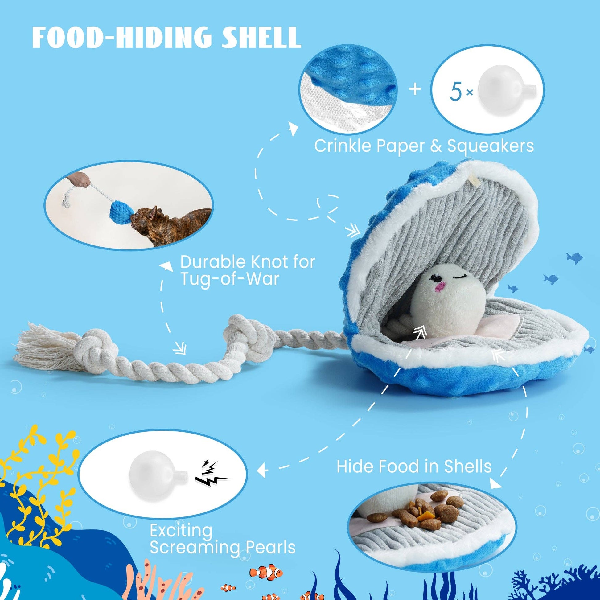Nocciola Crinkle Squeaky Ocean Series Dog Toys | Octopus, Shark, Hermit Crab, Sea Shell - Happy Hounds Pet Supply