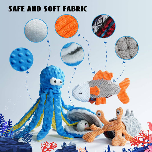 Nocciola Crinkle Squeaky Ocean Series Dog Toys | Octopus, Shark, Hermit Crab, Sea Shell - Happy Hounds Pet Supply