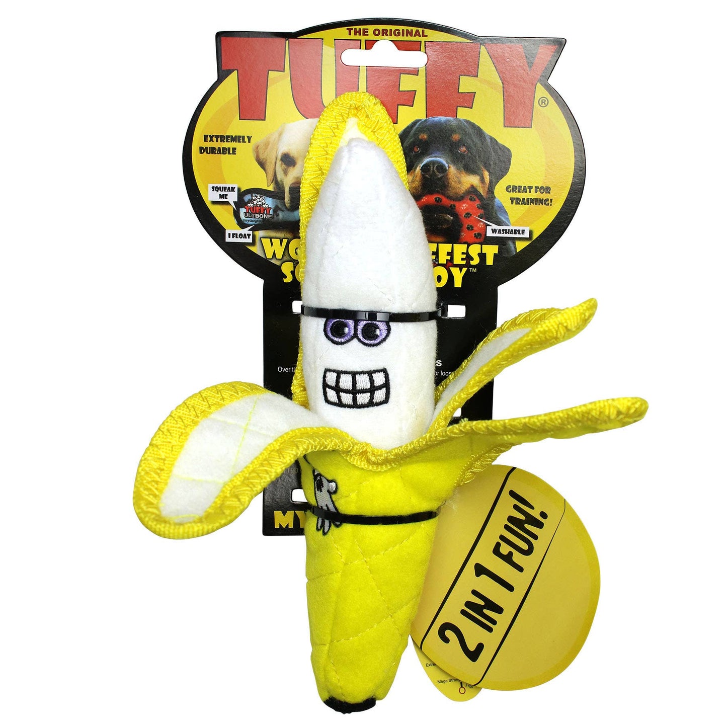 Tuffy Funny Food Banana, Durable, Squeaky Dog Toy 2 - in - 1 - Happy Hounds Pet Supply