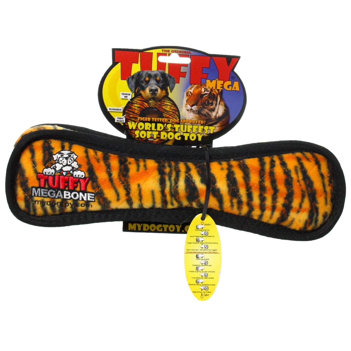 Tuffy Mega Bone Tiger, Durable, Tough, Squeaky Dog Toy - Happy Hounds Pet Supply