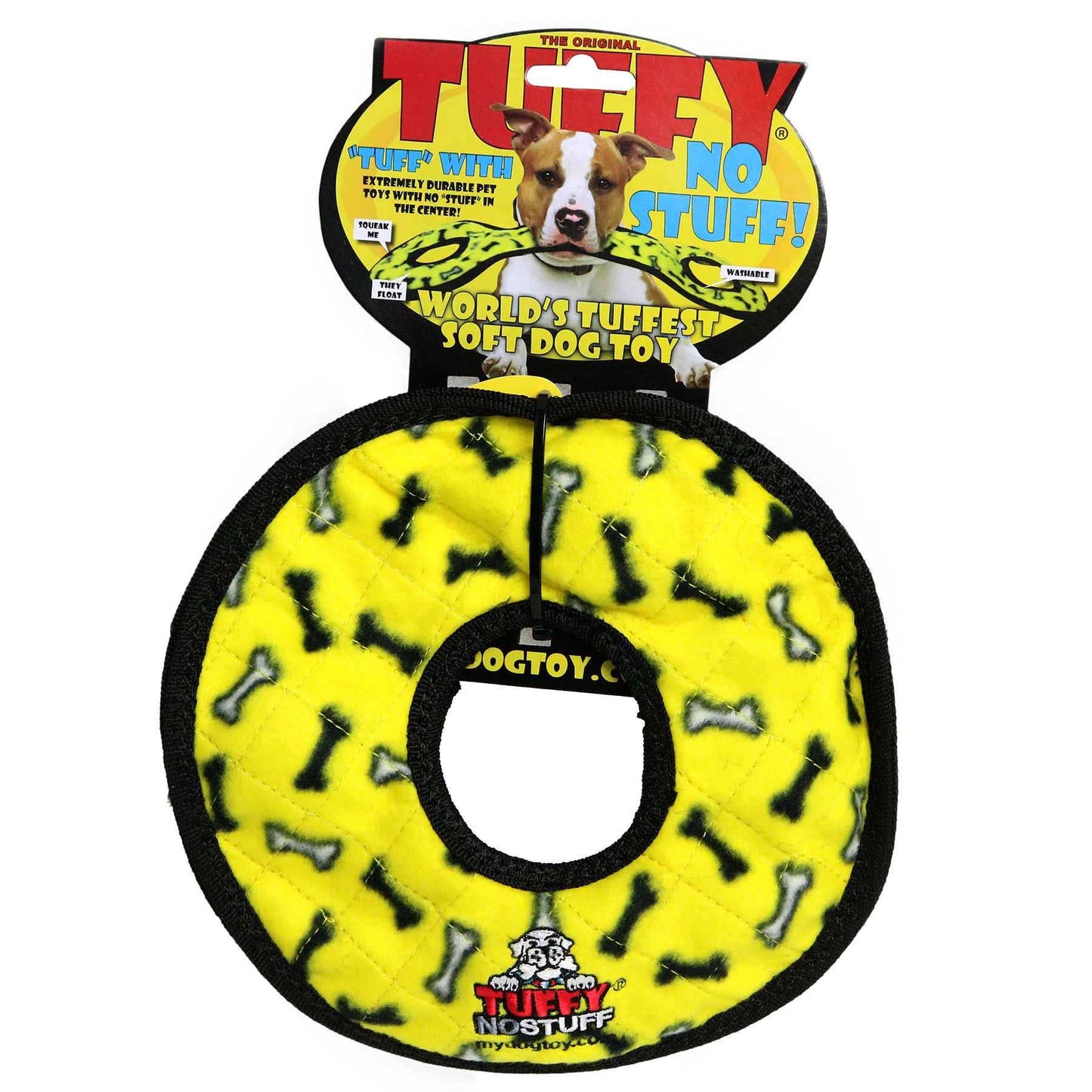 Tuffy No Stuff Ultimate Ring - Yellow, Squeaky Dog Toy - Happy Hounds Pet Supply