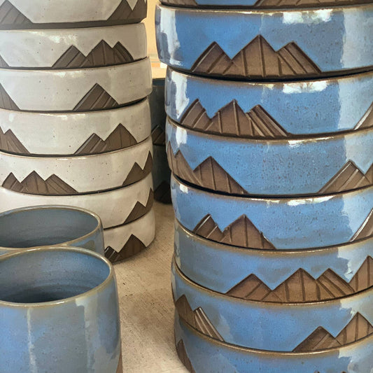 Less Is More Dog Bowls Blue with Brown Mountains