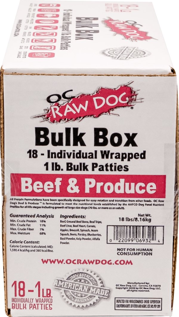 OC Raw Frozen Raw Dog Food 18lb Patties Beef and Produce