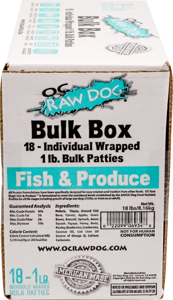 OC Raw Frozen Raw Dog Food 18lb Patties Fish and Produce