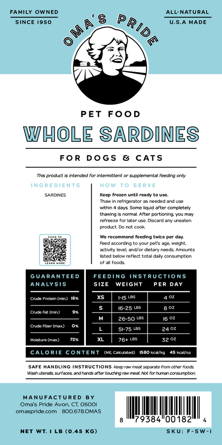 Oma's Pride Frozen Whole Sardines 1lb - Happy Hounds Pet Supply