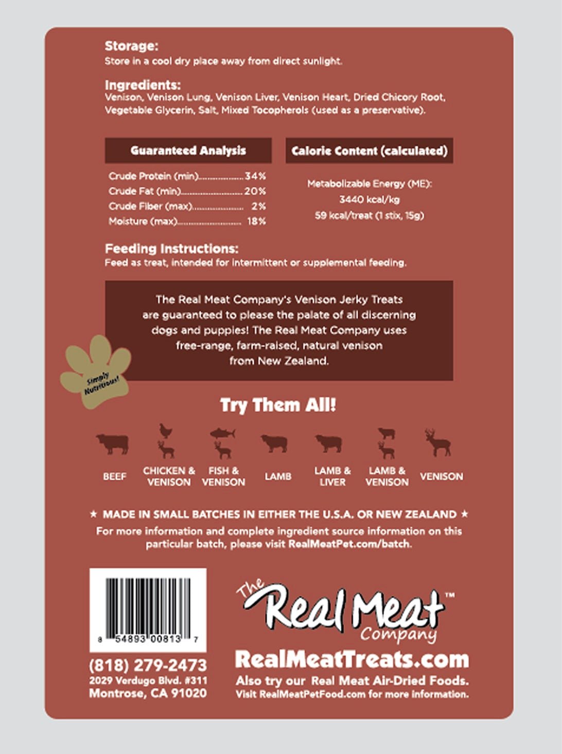 Real Meat Company Chewy Treats 8oz Sticks Venison