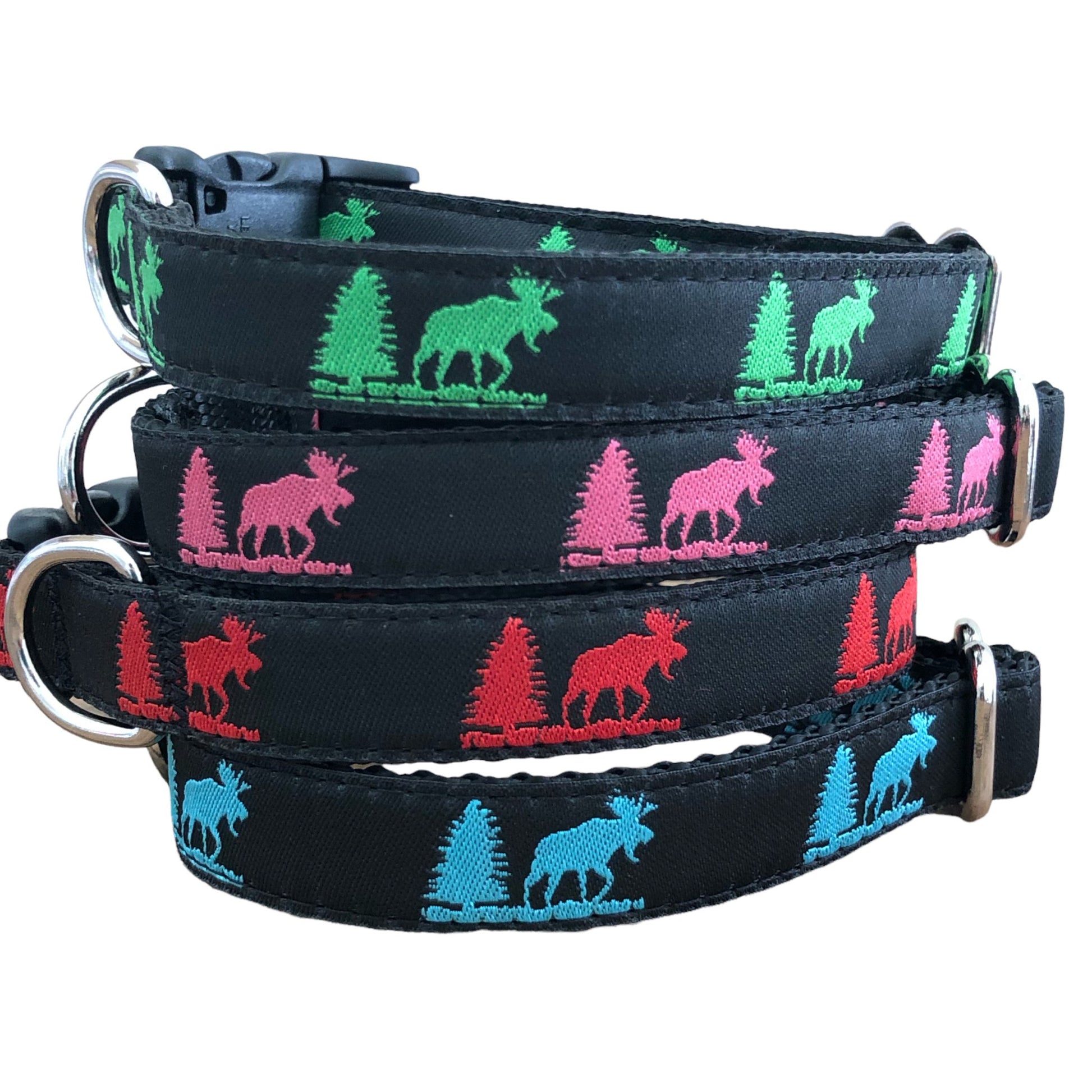 Sew Fetch Dog Co - Maine Moose Dog Collar and Leashes, Black With Colored Moose - Happy Hounds Pet Supply